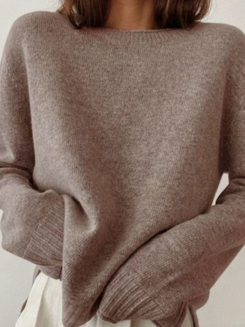 Jenni Kayne Everyday Taupe/Russet Ribbed Crewneck Knit Wool Cashmere Sweater SZ